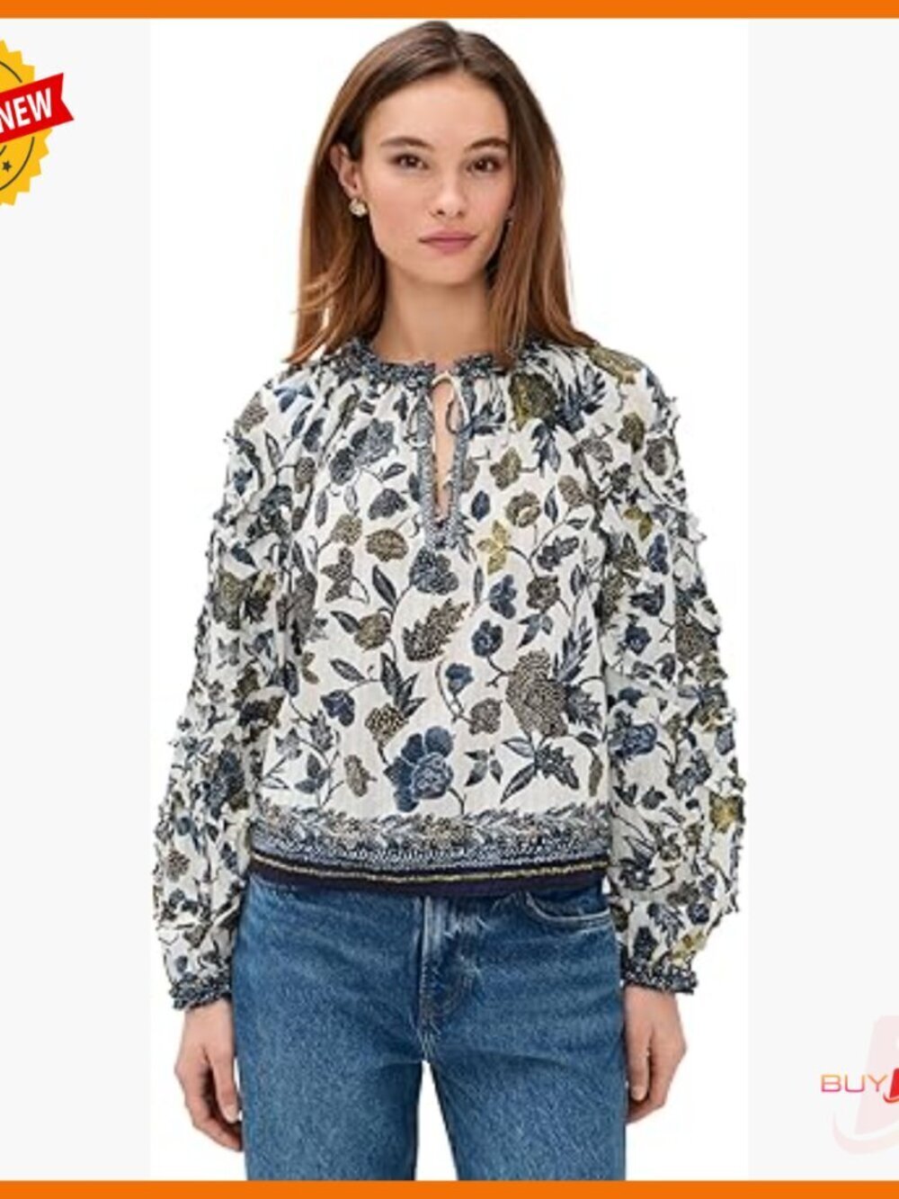 Long Sleeve Floral Blouse with Split Neckline, Lightweight Voile Fabric